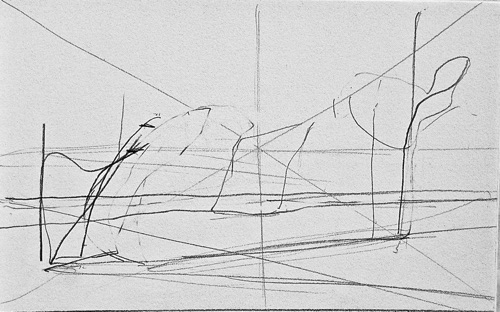 Ohi'a Trees in the Mist at Kilauea Overlook Drawing, 5 1/5" x 8 1/8", pencil on paper, 2016.